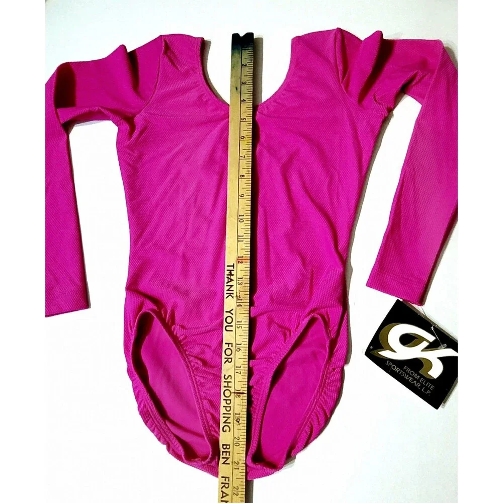 GK Elite VTG 90s AS Bright Pink Waffle Leotard Stretch Long Sleeve NWT Adult S
